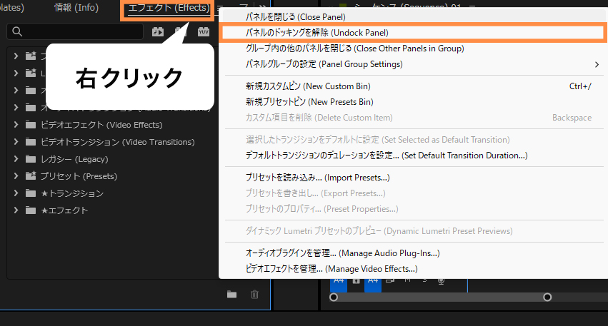 Premiere Pro ワークスペース パネル ドッキング解除