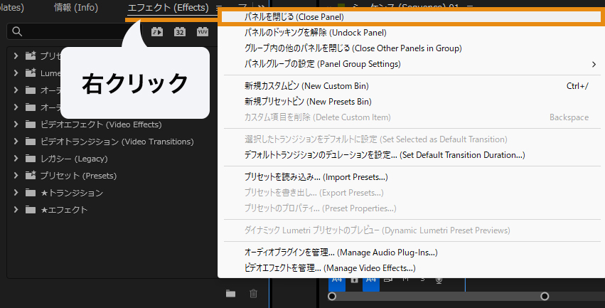 Premiere Pro ワークスペース パネル 閉じる
