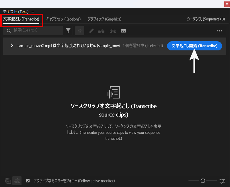 PremierePro文字起こしウインドウ