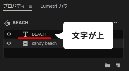 Premiere Proのプロパティで文字と背景の順番を示した画面