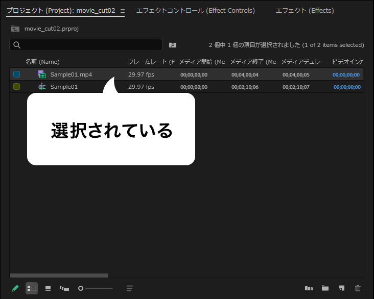 PremiereProのプロジェクトパネル
