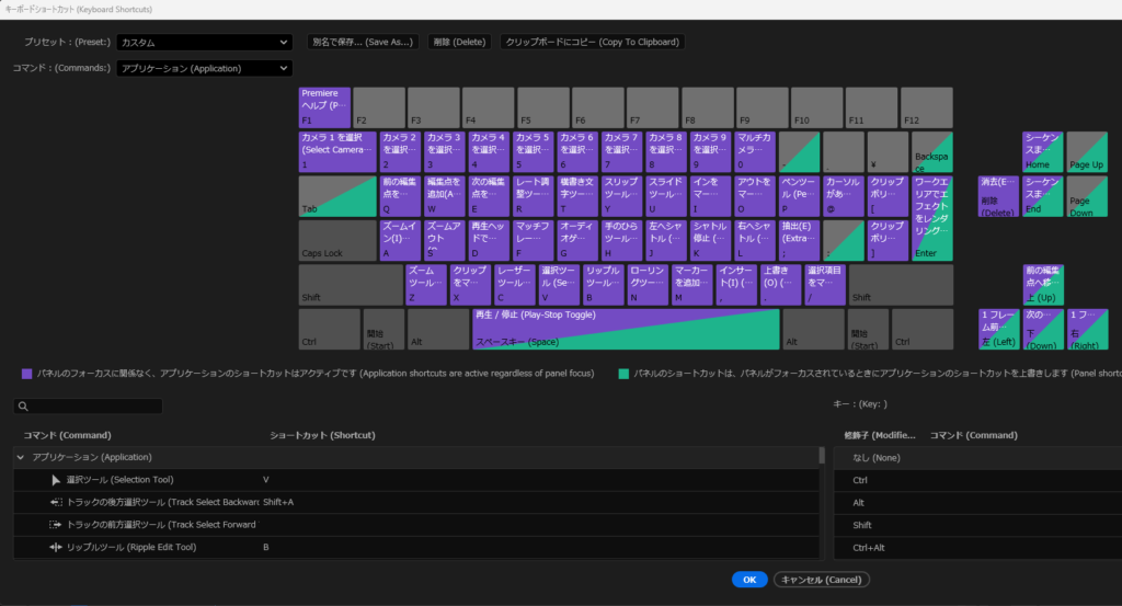 PremiereProのキーボードショートカット設定画面