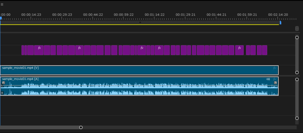 Premiere Pro タイムライン上で紫色に変わったグラフィック化済みのキャプション
