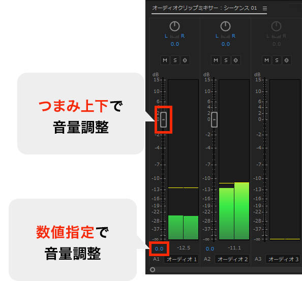 PremiereProのオーディオクリップミキサーパネル調整