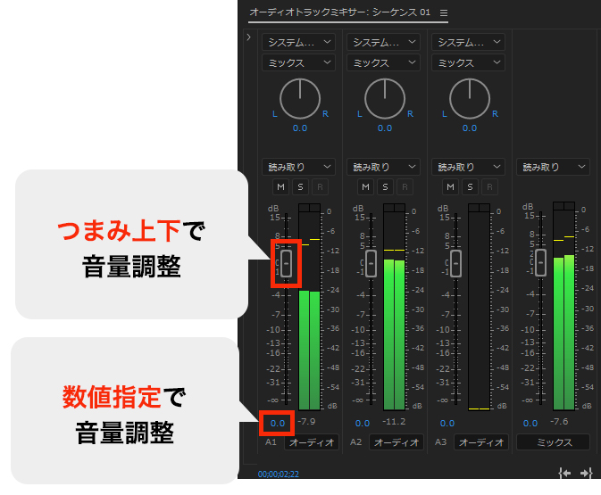 PremiereProのオーディオトラックミキサーパネル調整