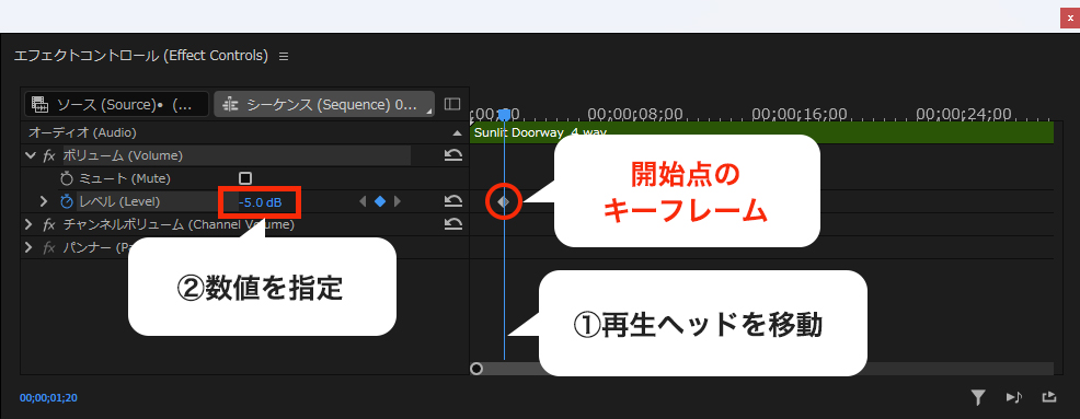 PremiereProのエフェクトコントロールで開始点のキーフレームを打つ