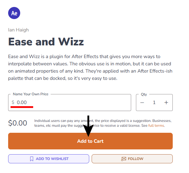 AfterEffectsのプラグイン「Ease and Wizz」の購入画面
