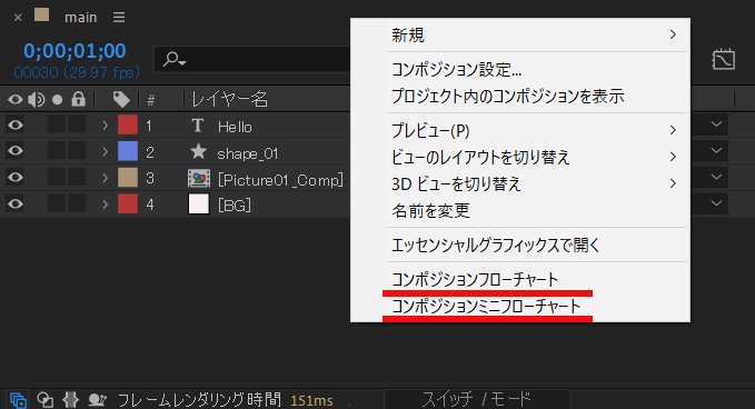 AftreEffectsでフローチャートを表示するメニュー
