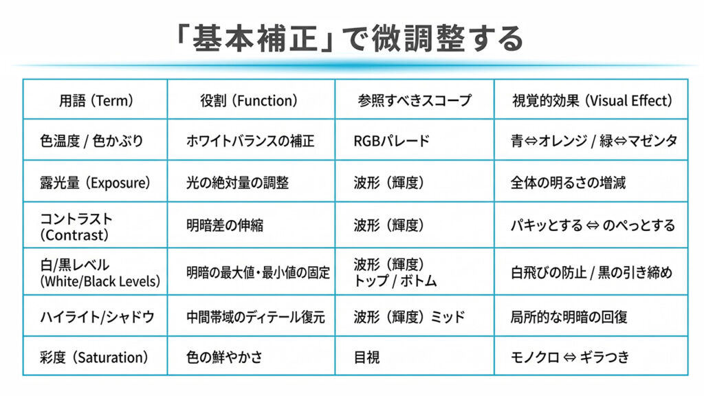 PremiereProのカラコレSTEP4ー基本補正で微調整　